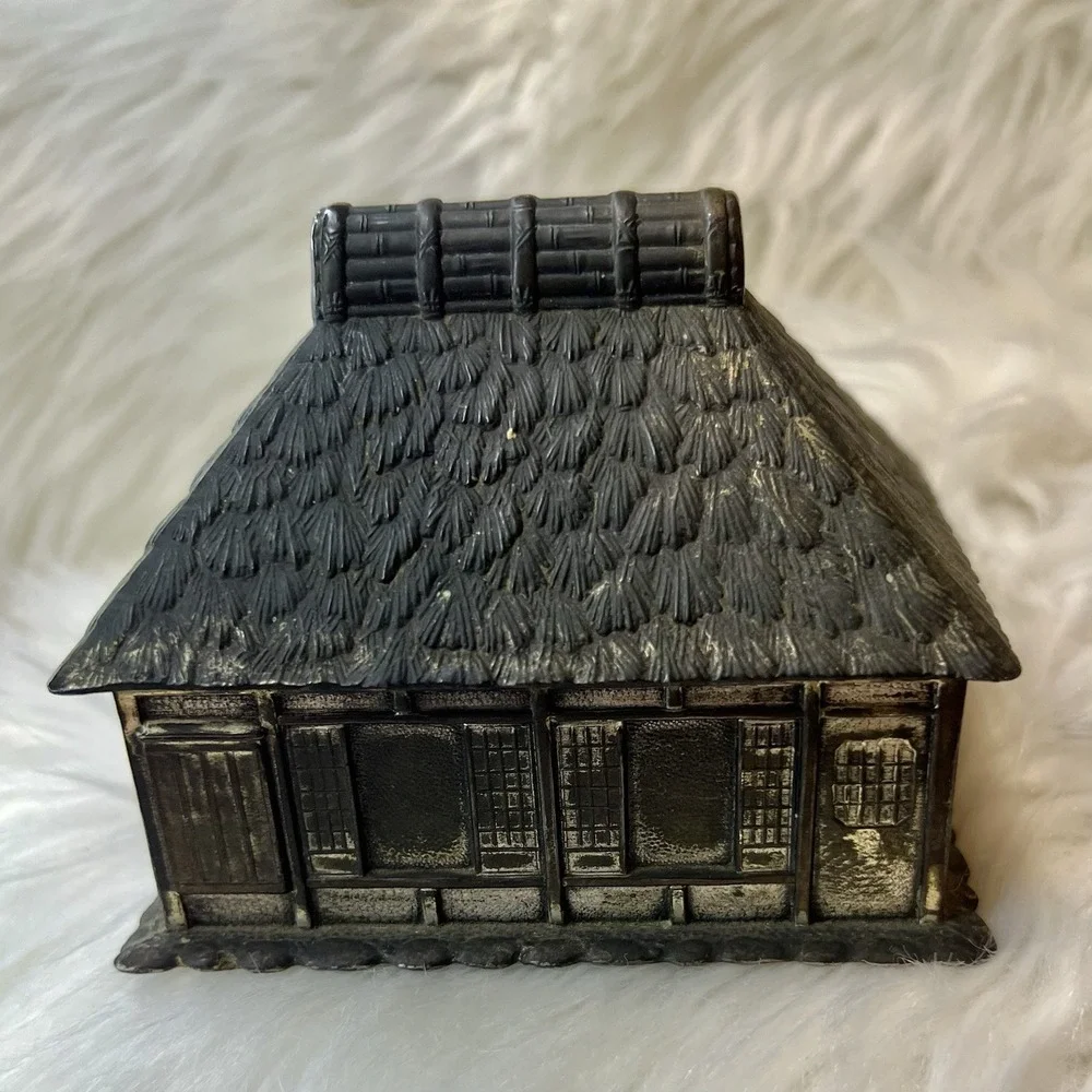 Antique Japanese Metal Trinket Box Thatched Roof Cottage Minka Made in Japan 579